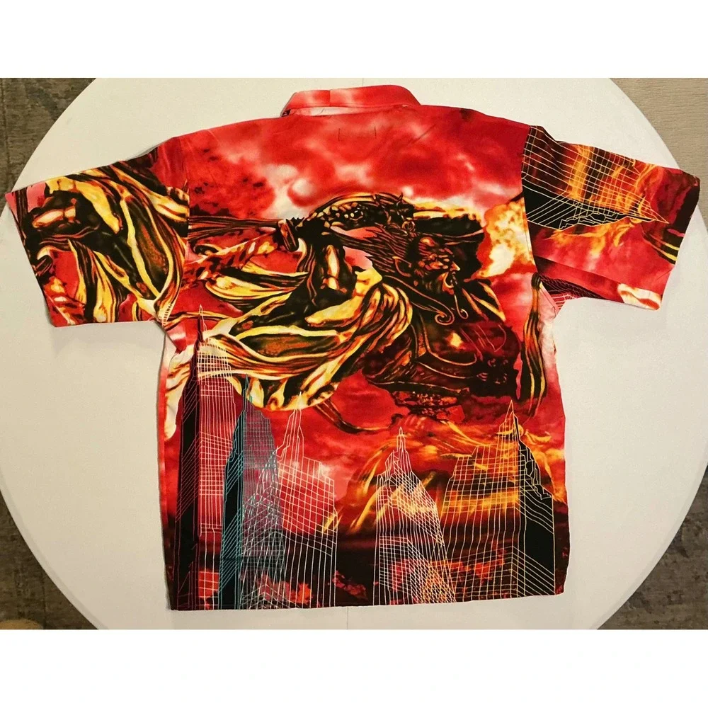 VTG Y2K Warrior Flames Cityscape AOP Cyber Tech Mens XL Button‎ Down Shirt XL
